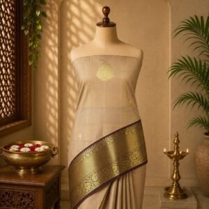 Ivory Beige & Antique Gold Korvai Luxury Saree