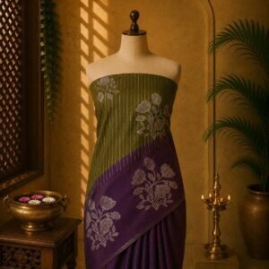 Olive Green & Deep Purple Luxury Soft Silk Saree with Elegant Floral Motifs