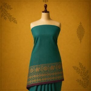 Teal Green Pure Cotton Saree with Traditional Elephant Woven Border