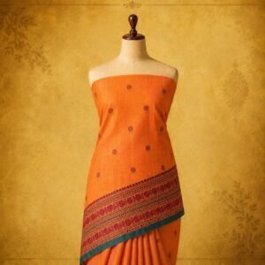 Vibrant Orange Pure Cotton Saree with Traditional Maroon & Teal Border