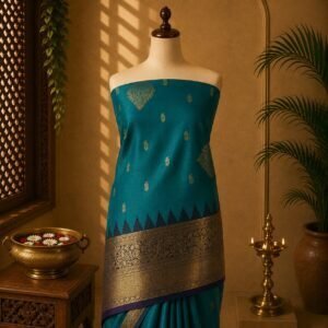 Luxury Teal Blue & Antique Gold Soft Silk Saree