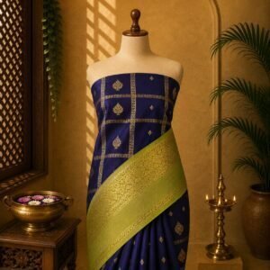 Royal Navy Blue & Lime Green Zari checked Saree