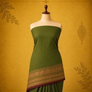 Olive Green Pure Cotton Saree with Traditional Elephant & Floral Border