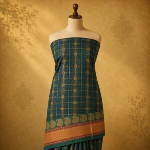 bottle Green Checked Zari Pure Cotton Saree