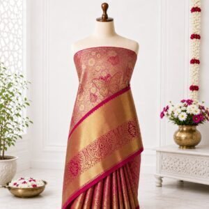 Rose Pink Butterfly Zari Brocade Saree