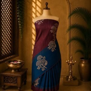 Maroon & Blue Luxury Soft Silk Saree with Elegant Floral Motifs