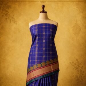 Royal Blue Pure Cotton Checked Saree with Traditional Woven Border