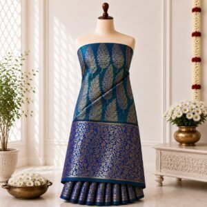 Peacock Blue Golden Leaf Zari Brocade Saree