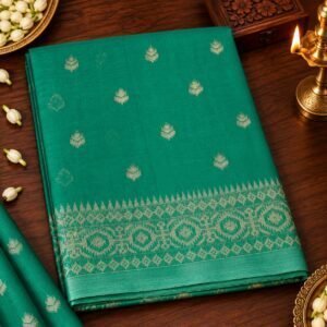 teal Green Gold Motif silk cotton saree