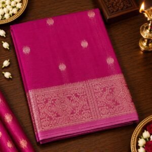 Rani Pink Gold Floral Border silk cotton Saree