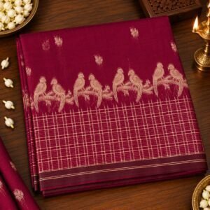 Maroon Bird Motif Checked silk cotton Saree