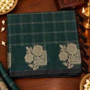 Emerald Green Checked Floral Border silk cotton Saree